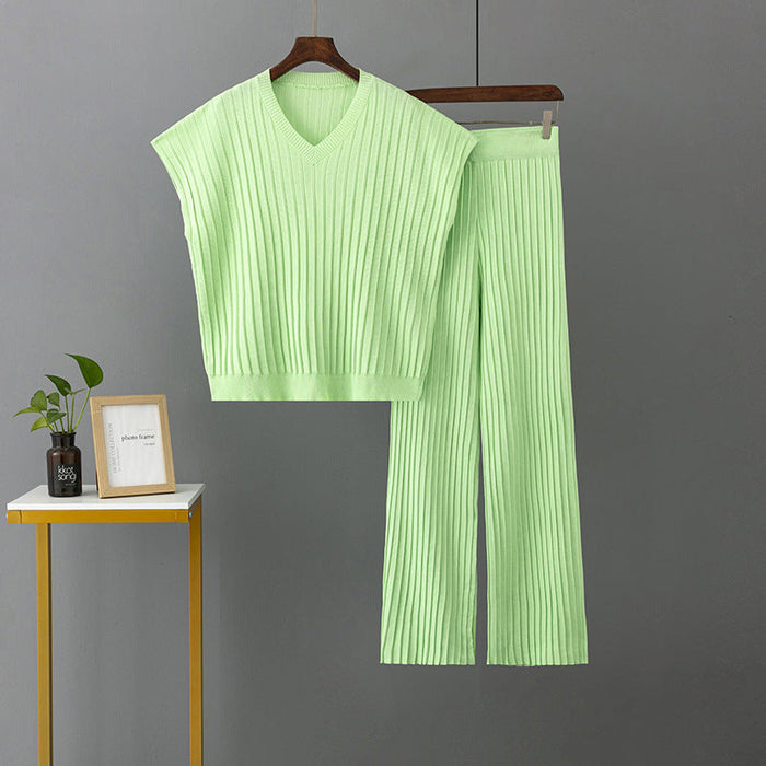 Color-Light Green-Plus Size Pullover V neck Loose Solid Color Top Pleated Wide Leg Trousers Knitted Two Piece Women-Fancey Boutique