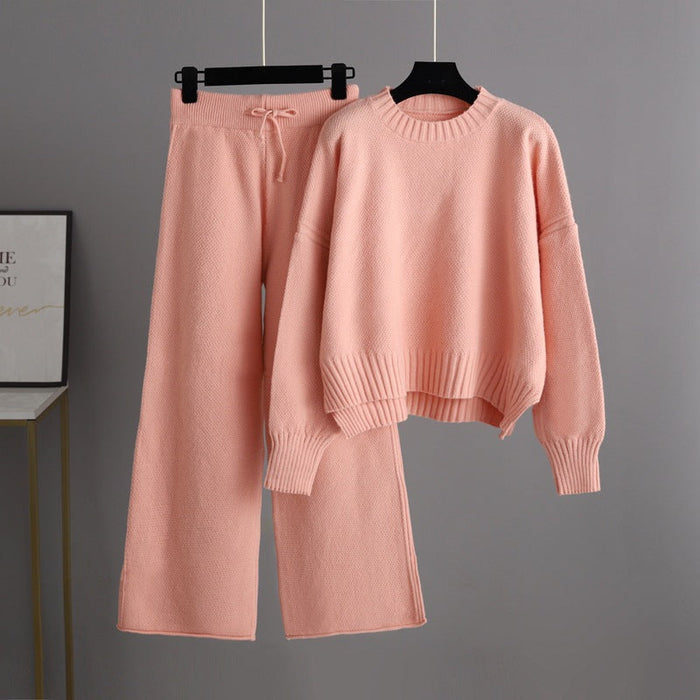 Color-Pink-Autumn Winter Casual Knitting Work Pant Women Korean Loose Sweater Wide Leg Pants Pants Two Piece Set-Fancey Boutique
