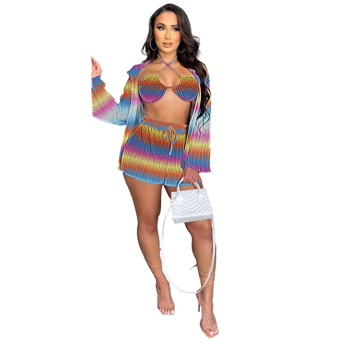 Color-Multi Color-Women Clothing Autumn Pleated Printed Cardigan Shorts Sexy Three Piece Suit-Fancey Boutique