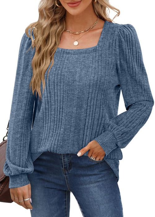 Color-Sea Blue-Temu Autumn Winter Women Sunken Stripe Square Collar Casual Long Sleeve Top-Fancey Boutique