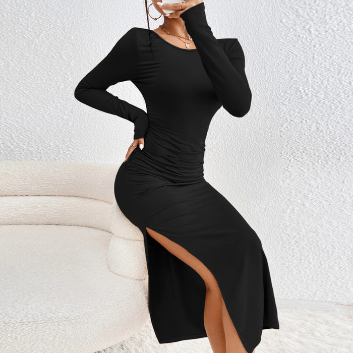 Color-Autumn Winter Women Sexy Backless round Neck Long Sleeve Sheath Dress-Fancey Boutique