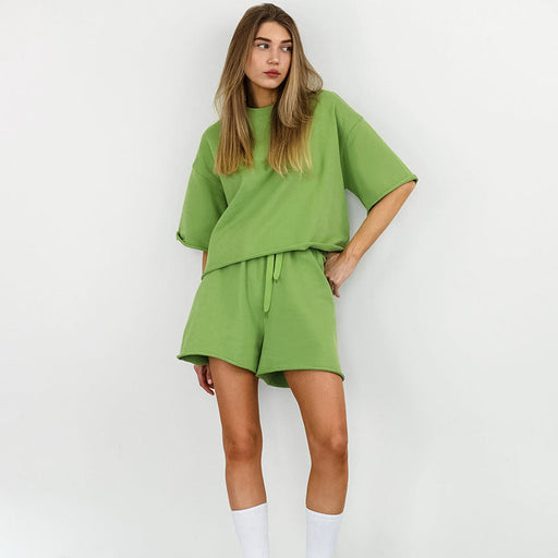 Color-Green-Green Casual round Neck Loose Lace up Shorts Set Summer Shorts-Fancey Boutique