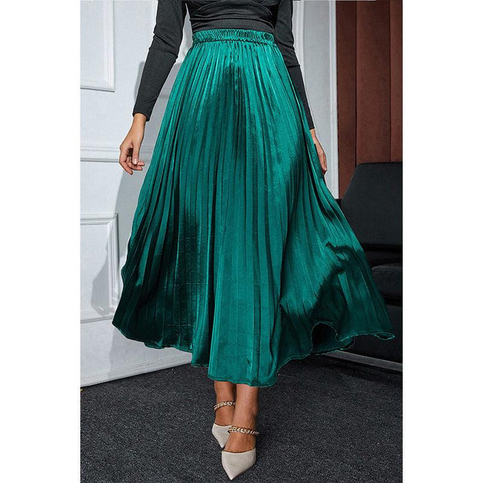 Color-Autumn Winter Solid Color Satin Pleated Long Skirt Women Office High Waist Loose Skirt Women-Fancey Boutique