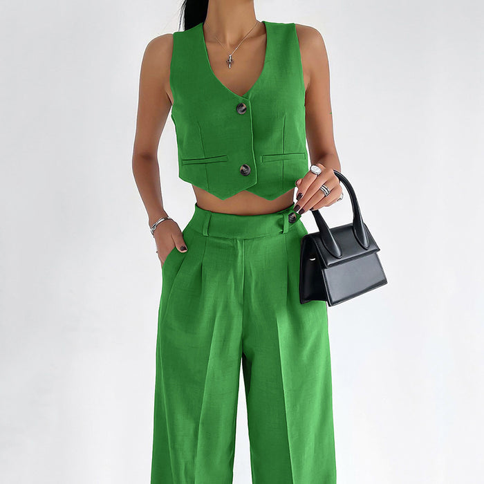 Color-Summer Cotton Linen Suit Women V Neck Slim Fit Vest Sleeveless Top Straight Leg Trousers Two Piece Set-Fancey Boutique