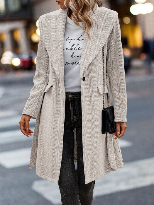 Color-Khaki-Autumn Winter Fur Plaid Solid Color Long Sleeve Collared Belt Slimming Women Coat-Fancey Boutique
