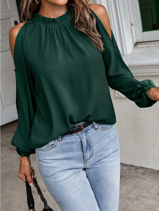 Color-Autumn Winter Women Solid Color Lotus Leaf Round Neck Long Sleeve Pleated Off Shoulder Blouse-Fancey Boutique