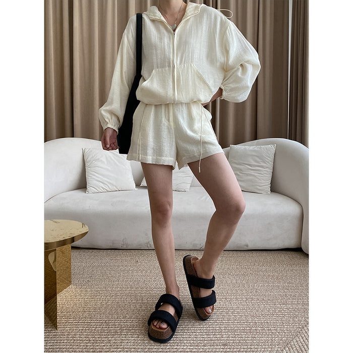 Color-Summer Oxygen Light Breathable Hood Coat Wide Leg Shorts Sun-Proof Two Piece Suit-Fancey Boutique