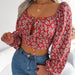 Color-Red-Spring Summer Sexy Stringy Selvedge Lace up Floral Chiffon Shirt Cropped Top Women Clothing-Fancey Boutique