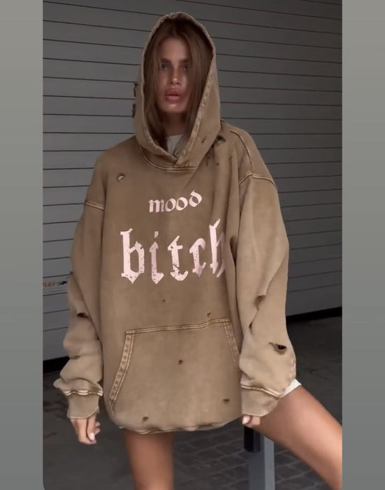 Color-Khaki-Street Worn Looking Washed-out Broken Letters Printed Hoodie Women Autumn Lazy Loose Pocket Coat-Fancey Boutique