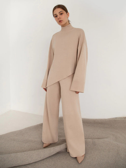 Color-Autumn Winter Comfortable Turtleneck Asymmetric Hem Wide Leg Trousers Suit-Fancey Boutique