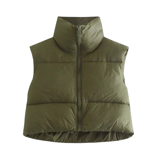 Color-Army Green-Sleeveless Zipped Stand Collar Cotton Vest Autumn Winter Multi Color Slim Fit Cotton Padded Jacket Vest Top-Fancey Boutique