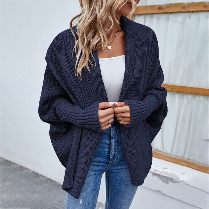 Color-Navy Blue-Autumn Winter Women Knitted Sweater Solid Color Batwing Sleeve Sweater Cardigan Coat Women-Fancey Boutique