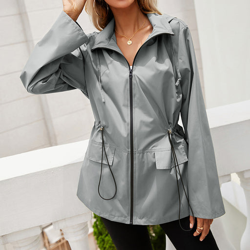 Color-Hooded Zipper Waist Tight Waterproof Raincoat Outdoor Windcheater Mountaineering Clothing Coat Jacket Top for Women-Fancey Boutique