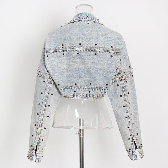 Color-Shawl Denim Coat Jacket Loose Long Sleeve Heavy Industry Rivet Thin Denim Top Fall Women Clothing-Fancey Boutique