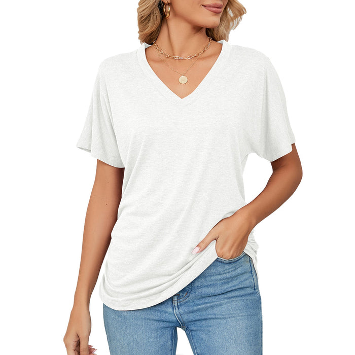 Color-White-Summer Casual Pullover V Neck Solid Color Loose T Shirt Women Top-Fancey Boutique