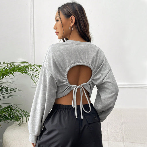Color-Autumn High Waist Leaking Cropped Drawstring Waist Tight Sweater Outer Wear Short Oversized Loose Long Sleeve T shirt for Women-Fancey Boutique