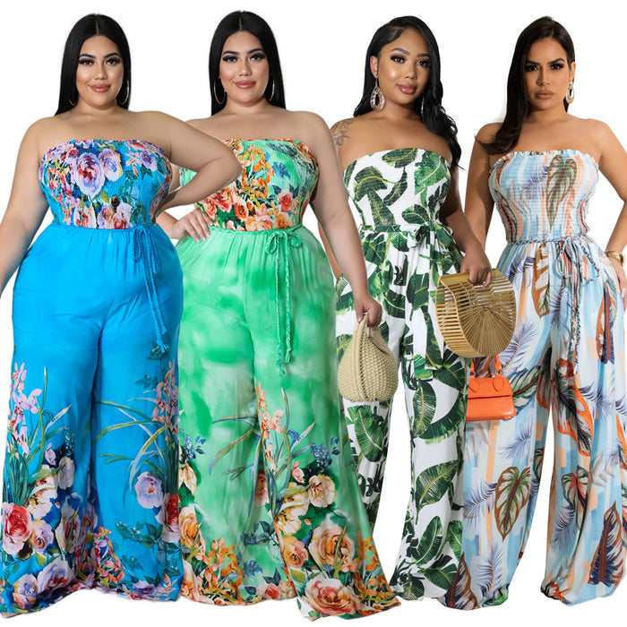 Color-Sexy Bandeau Strap Printing Wide Leg Jumpsuit Plus Size-Fancey Boutique