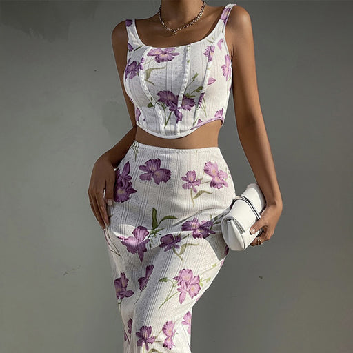 Color-Women Sexy Spaghetti-Strap Floral Print Vest Slim Fit Sheath Skirt Set Women-Fancey Boutique
