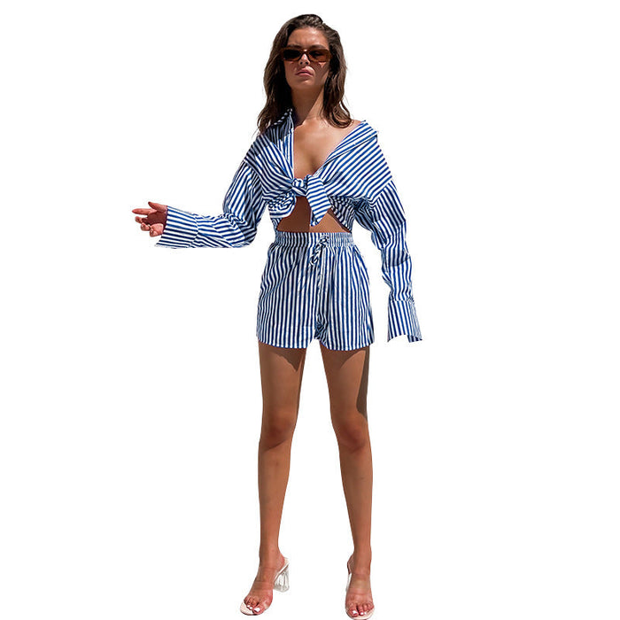 Color-Blue-Spring Summer Office Casual Pants Suit Women Shirt Striped Long Sleeve Split Two-Piece Set-Fancey Boutique