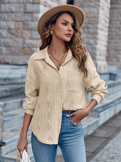 Color-Apricot-Women Clothing Autumn Winter Collared Single Breasted Solid Color Loose Long Sleeves Shirt-Fancey Boutique