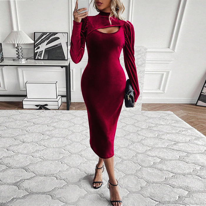 Color-Sexy Sexy Velvet Design Chest Hollow Out Cutout Slim Slimming Sheath Dress-Fancey Boutique