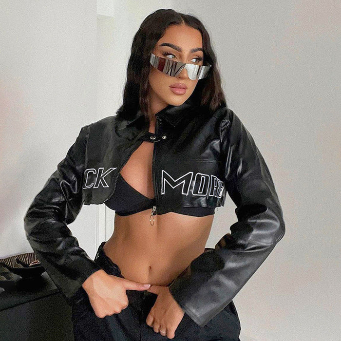 Color-Autumn Winter Street Women Wear Motorcycle Letter Graphic Embroidered Faux Leather Short Jacket Varsity Jacket Jacket-Fancey Boutique