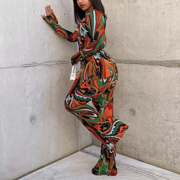 Color-Fall Deep V Plunge Suit Women Sexy Print Shirt Wide Leg Pants Casual Two Piece Suit-Fancey Boutique