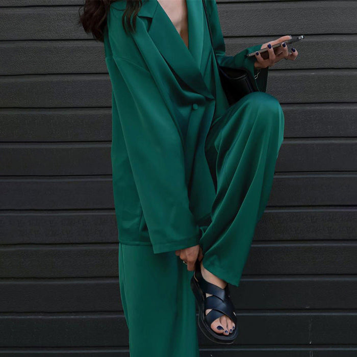 Color-Green-Early Autumn Women Long Sleeve Graceful Fashionable Work Pant Drape Satin Casual Set-Fancey Boutique