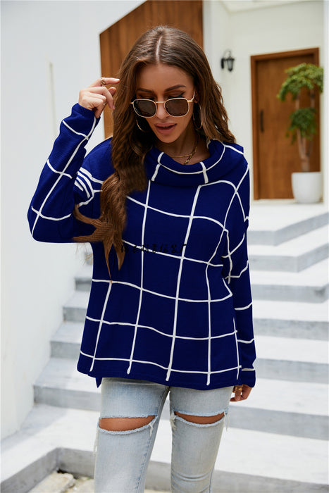 Color-Winter Plaid Sweater Pullover Turtleneck Pullover Plaid Knitwear for Women-Fancey Boutique