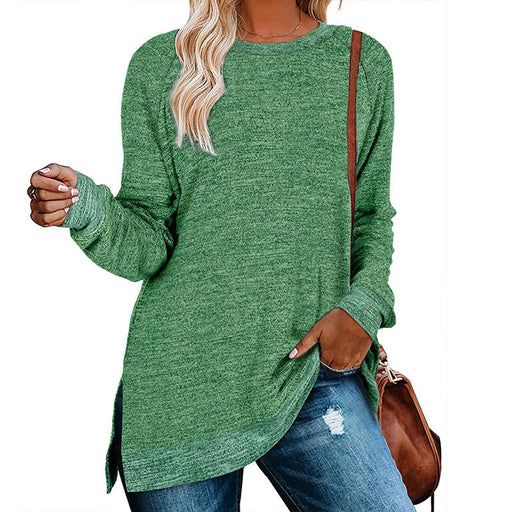 Color-Green-Women Clothing Long Sleeve round Neck Multicolor Split Top Loose Casual Pullover T-shirt-Fancey Boutique