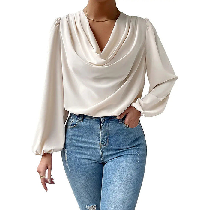 Color-Apricot-Long Sleeved Shirt Loose Draped V neck Top T shirt Women Clothing-Fancey Boutique