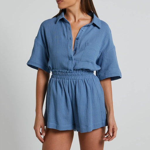 Color-Blue-Solid Color Shirt Outfit Women Casual Loose Short Sleeves Single Breasted Women Clothing Spring Summer Shorts Two Piece Set-Fancey Boutique