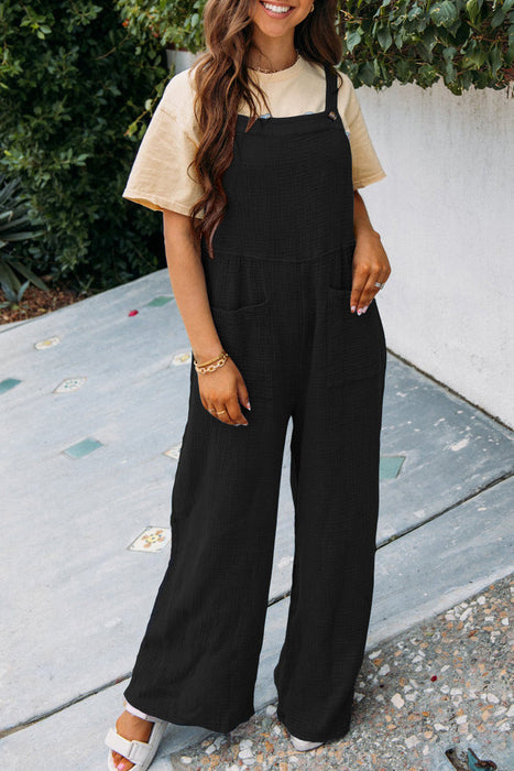 Color-Black-Summer Women Casual Solid Color Pocket Square Collar Loose Overalls-Fancey Boutique