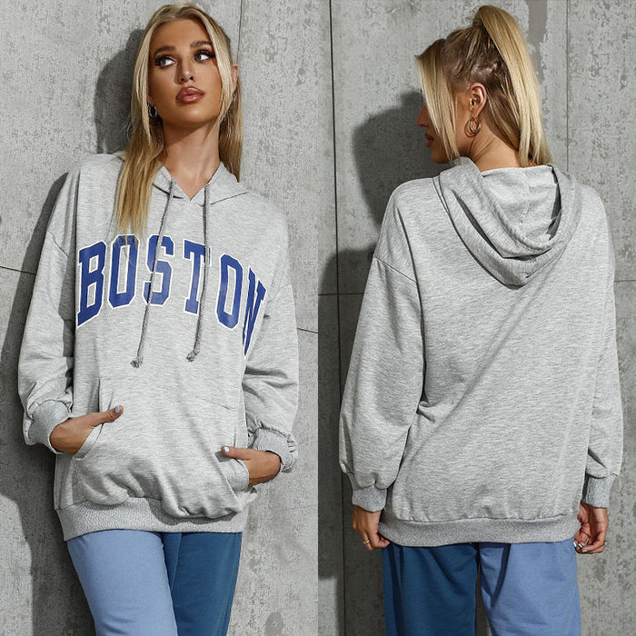 Color-Gray-Autumn Casual Hooded Letters for Women-Fancey Boutique