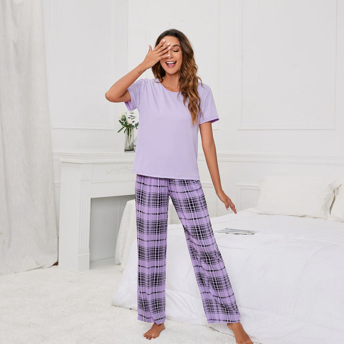 Color-Solid Color round Neck T Printed Checks Women Casual Suit Homewear Pajamas Women-Fancey Boutique