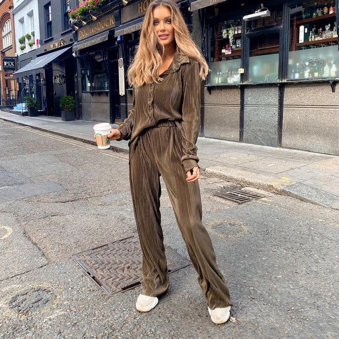 Color-Spring Pleated Casual Shirt Outfit Long-Sleeved Trousers High Waist Loose Drooping Women-Fancey Boutique