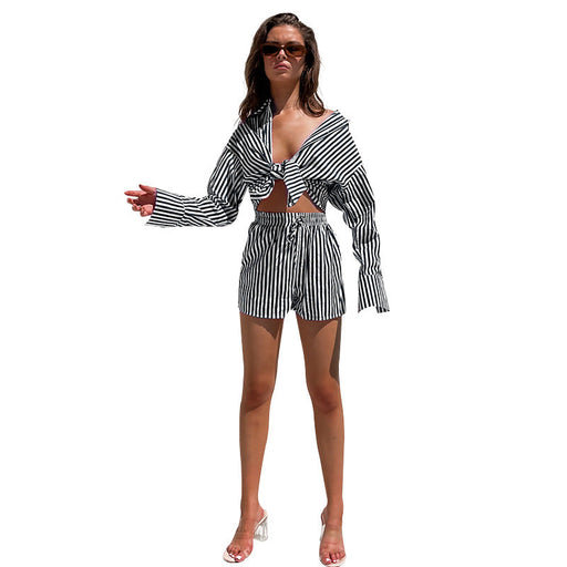 Color-Black-Spring Summer Office Casual Pants Suit Women Shirt Striped Long Sleeve Split Two-Piece Set-Fancey Boutique