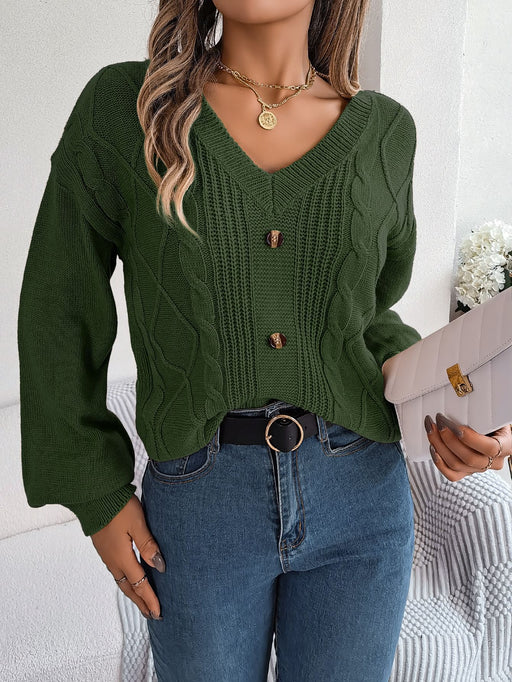 Color-Autumn Winter Solid Color V neck Buttons Twist Lantern Sleeve Pullover Sweater Women Clothing-Fancey Boutique