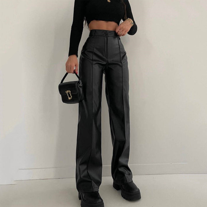 Color-Women Clothing Faux Leather Trousers Autumn Winter Casual Pants Fried Street Cool Straight Leg Pants Figure Flattering Leather Pants Women-Fancey Boutique