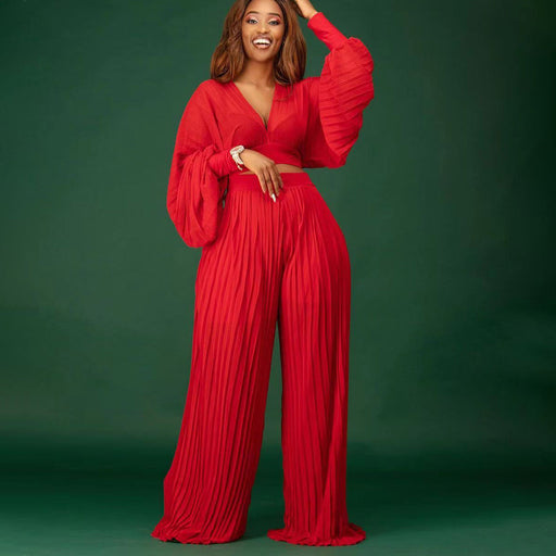 Color-Long Sleeved V neck Top Wide Leg Pants Suit Pleated Wide Leg Pants Two Piece Suit-Fancey Boutique