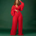 Color-Long Sleeved V neck Top Wide Leg Pants Suit Pleated Wide Leg Pants Two Piece Suit-Fancey Boutique