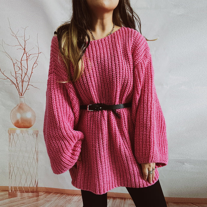 Color-Autumn Winter Loose Solid Color off Neck Thickened with Belt Knitted Sweater Dress-Fancey Boutique