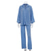 Color-Blue-Long Sleeve Collared Pleated Shirt Women Wide Leg Mopping Drape Pleated Trousers Suit-Fancey Boutique