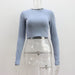 Color-Pale blue-Round Neck Long Sleeve T shirt Women Sexy Autumn Winter Undershirt Tight Sexy Short Cropped Top-Fancey Boutique