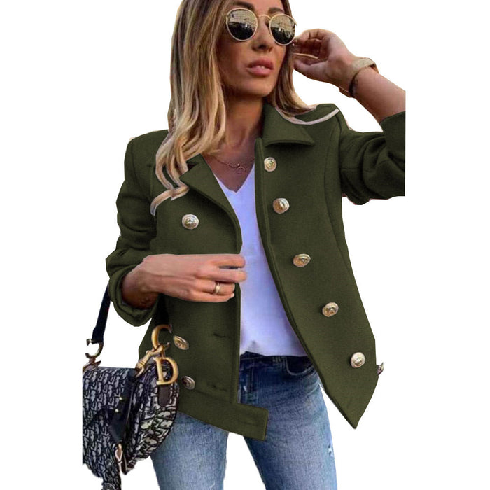 Color-Army Green-Fall Winter Slim Long Sleeve Double Breasted Collar Woolen Jacket-Fancey Boutique