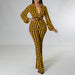 Color-Women Clothing Autumn Winter V Neck Puff Sleeve Waist Trimming Printing Wide Leg African Jumpsuit-Fancey Boutique