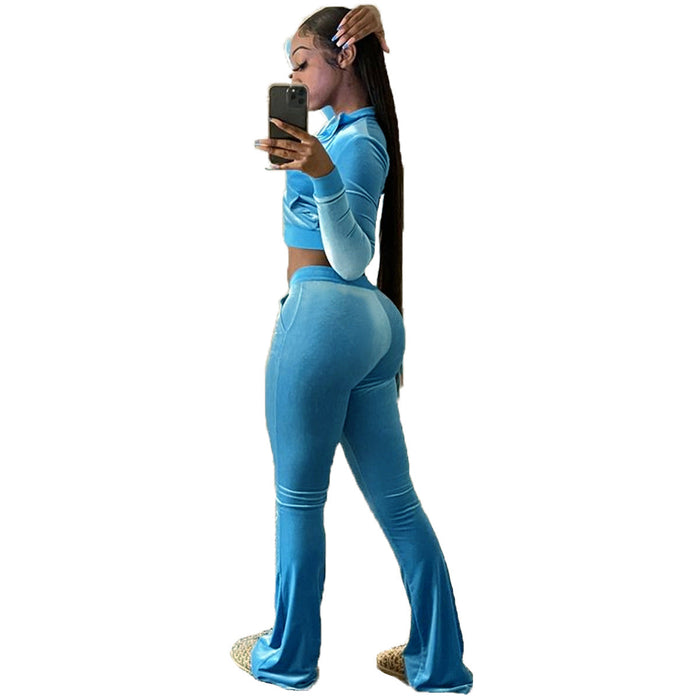 Color-skyblue-Women Clothing Two-Piece Korean Velvet Solid Color Long Sleeve Sexy cropped Casual Sports Suit-Fancey Boutique