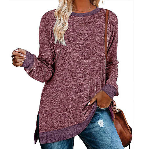 Color-Purple-Women Clothing Long Sleeve round Neck Multicolor Split Top Loose Casual Pullover T-shirt-Fancey Boutique