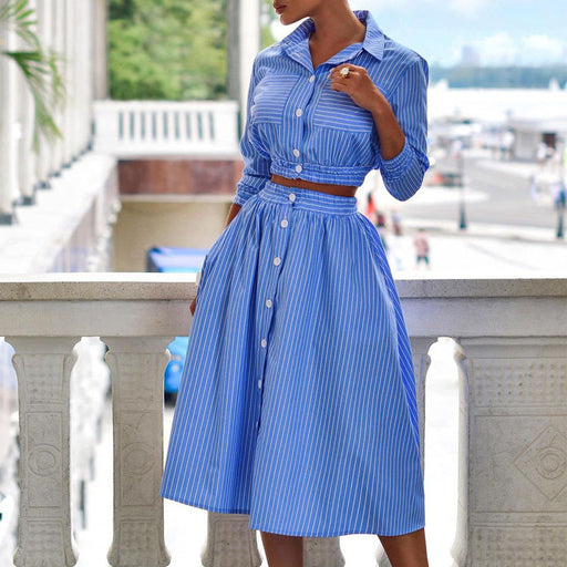 Color-Blue-Autumn Winter New Stylish Long Sleeves Striped Shirt Outfit Skirt Two Piece Set-Fancey Boutique