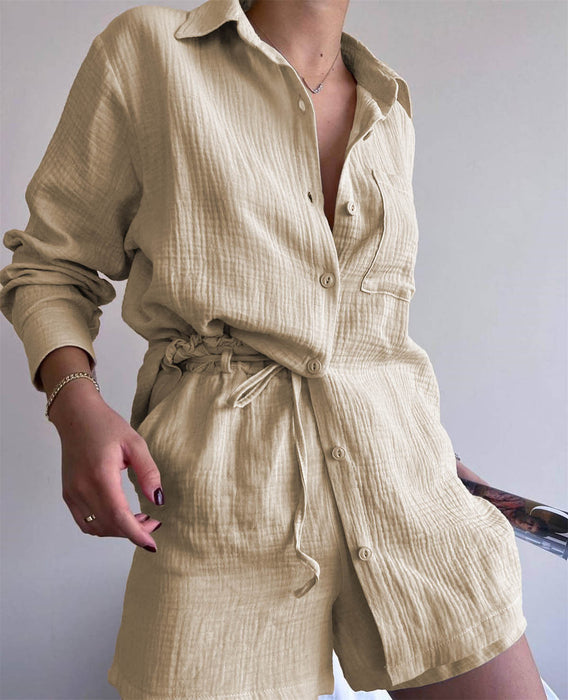 Color-Khaki-Women Clothing Suit Pure Cotton Summer Collared Long Sleeve Shirt High Waist Pocket Shorts Two Piece Set-Fancey Boutique